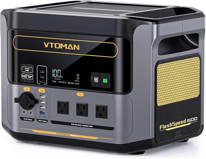 VTOMAN FlashSpeed 1500 Portable Power Station 1548Wh - Recharge 0-100% within 1H, LiFePO4 Battery Powered Solar Generator with 110V/1500W AC Output/Input, 100W USB Port for Camping