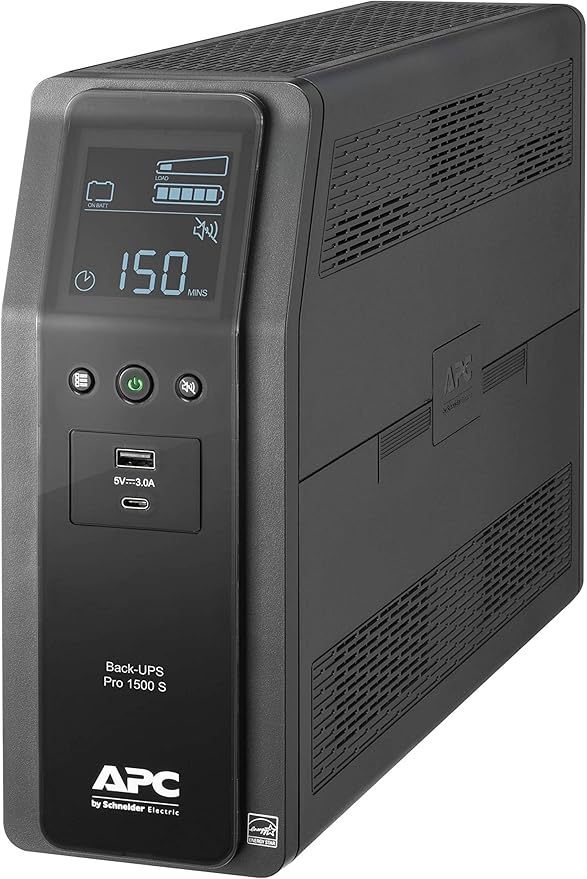 APC UPS Back-UPS Pro 1500VA Sinewave UPS, 900W Battery Backup & Surge Protector, AVR, 10 Outlets, LCD, USB-C & USB-A Charging Ports, BR1500MS2 Uninterruptible Power Supply for Comp