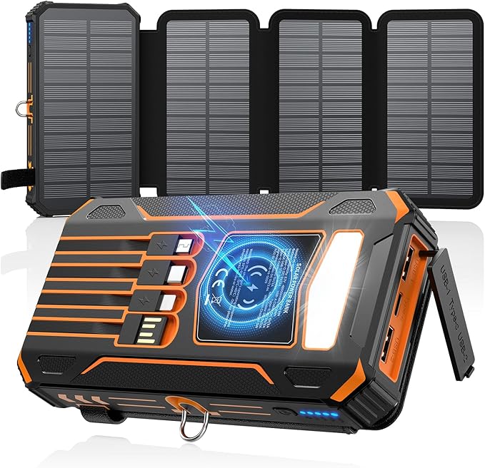 SOARAISE Solar Charger Power Bank - 48000mAh Wireless Portable Charger Built-in 4 Cables and 4 Solar Panels, PD QC 3.0 Fast Charging USB C Battery Pack with Flashlight for Camping 