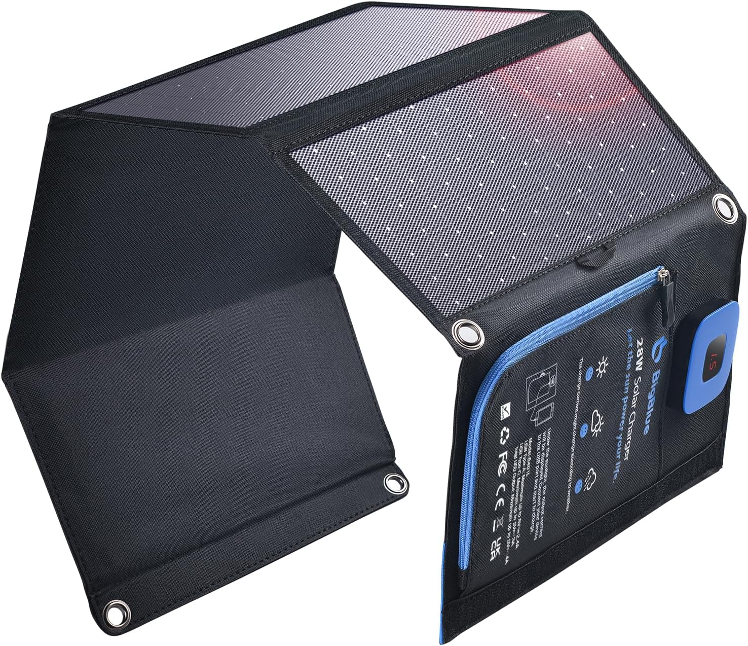 BigBlue Portable Solar Charger 28W with Digital Ammeter,25.4% High-Efficiency, USB-A/USB-C Ports, Folding Waterproof Solar...